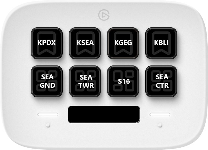 Stream Deck NEO with VATSIM Radar bookmark actions for KPDX, KSEA, KGEG, and KBLI on the top row. The bottom row has dashboard actions for SEA GND, SEA TWR, S16, and SEA CTR.